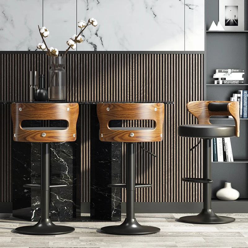 Modern Luxury Durable Wooden Leather Bar Chairs Design Pub Swivel Height Bar stool