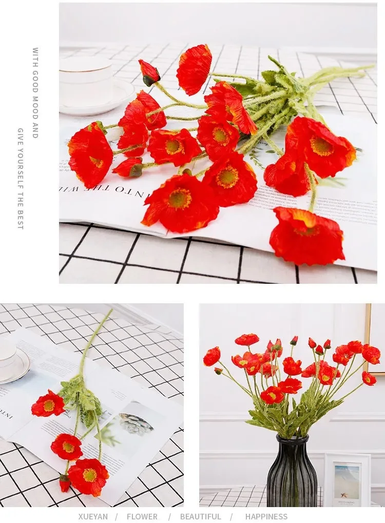 Simulation Flocking poppy flower Korean fake wedding soft decoration flower arrangement home table ornaments artificial flower