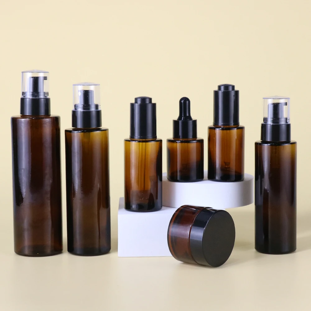 Amber 20 30ml 50ml 60ml 100ml 120ml toner flat shoulder cylinder glass dropper bottle for serum essential oil with black dropper