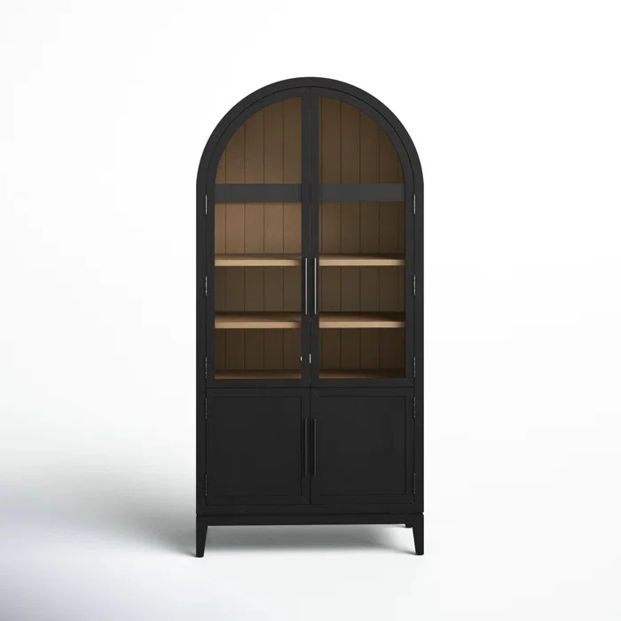 American Light Luxury  Wooden Bookcase Nordic Side Cabinet Black Arched Glass Doors Decorated French Vintage Wine Cabinet