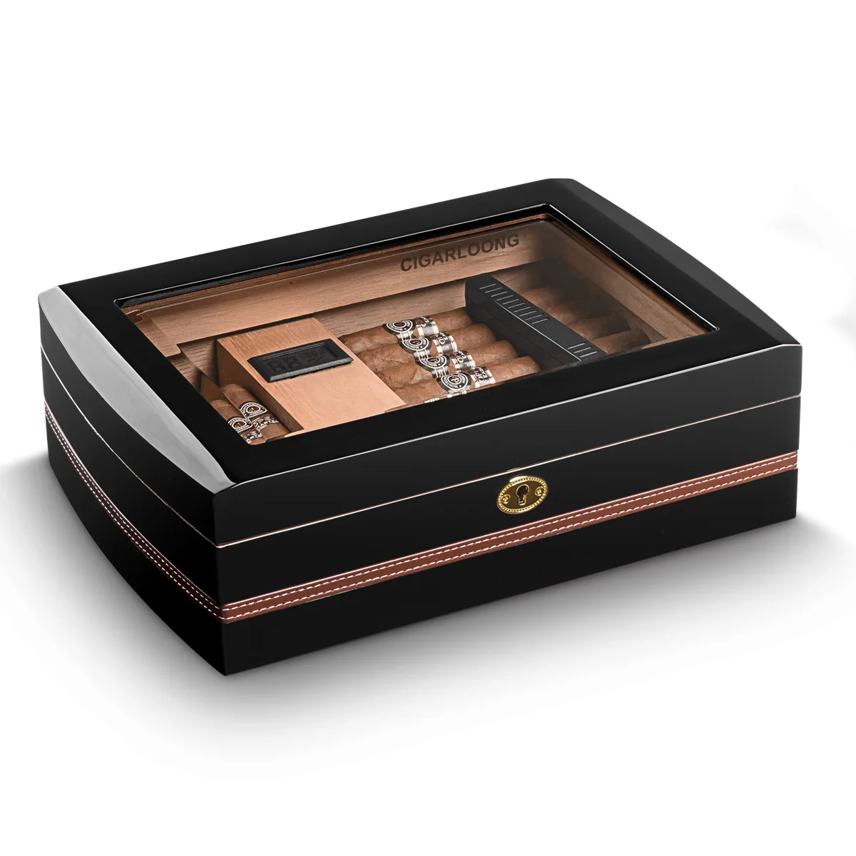 CIGARLOONG Luxury  Desktop Glass Top Cedar Wood Lined Cigar Storage Case With Hygrometer Humidor Cigar Box Cabinet