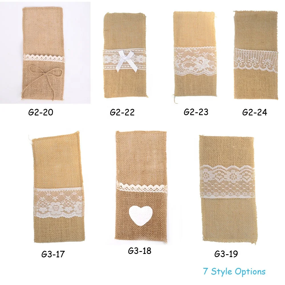 Retro Hessian Jute Burlap Lace Linen Cutlery Pouch Holder Bag for Wedding Party Table Decoration Supplies