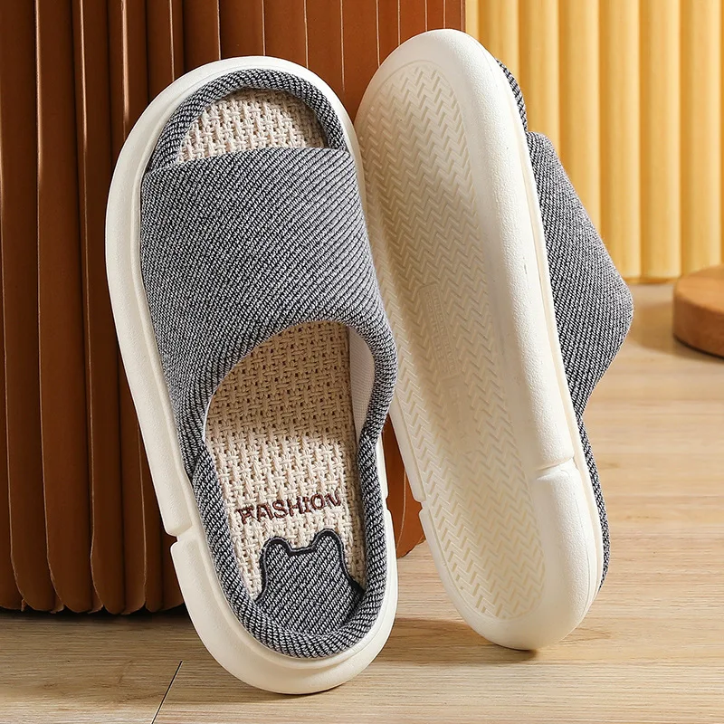 New Linen slippers female residence household cartoon four seasons high end indoor cotton linen thick bottom anti slip sandals