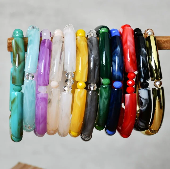 newest fashion women elastic bracelet bincolor glitter acrylic tube bracelet resin bamboo bead Bracelet for girls