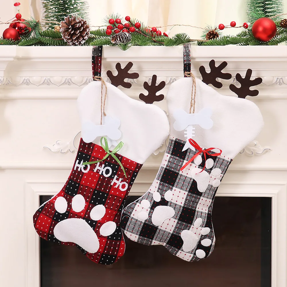 New Arrivals Buffalo Plaid Red and White Large Bone Shape Pet Dog Christmas Stocking For Xmas Tree Decor
