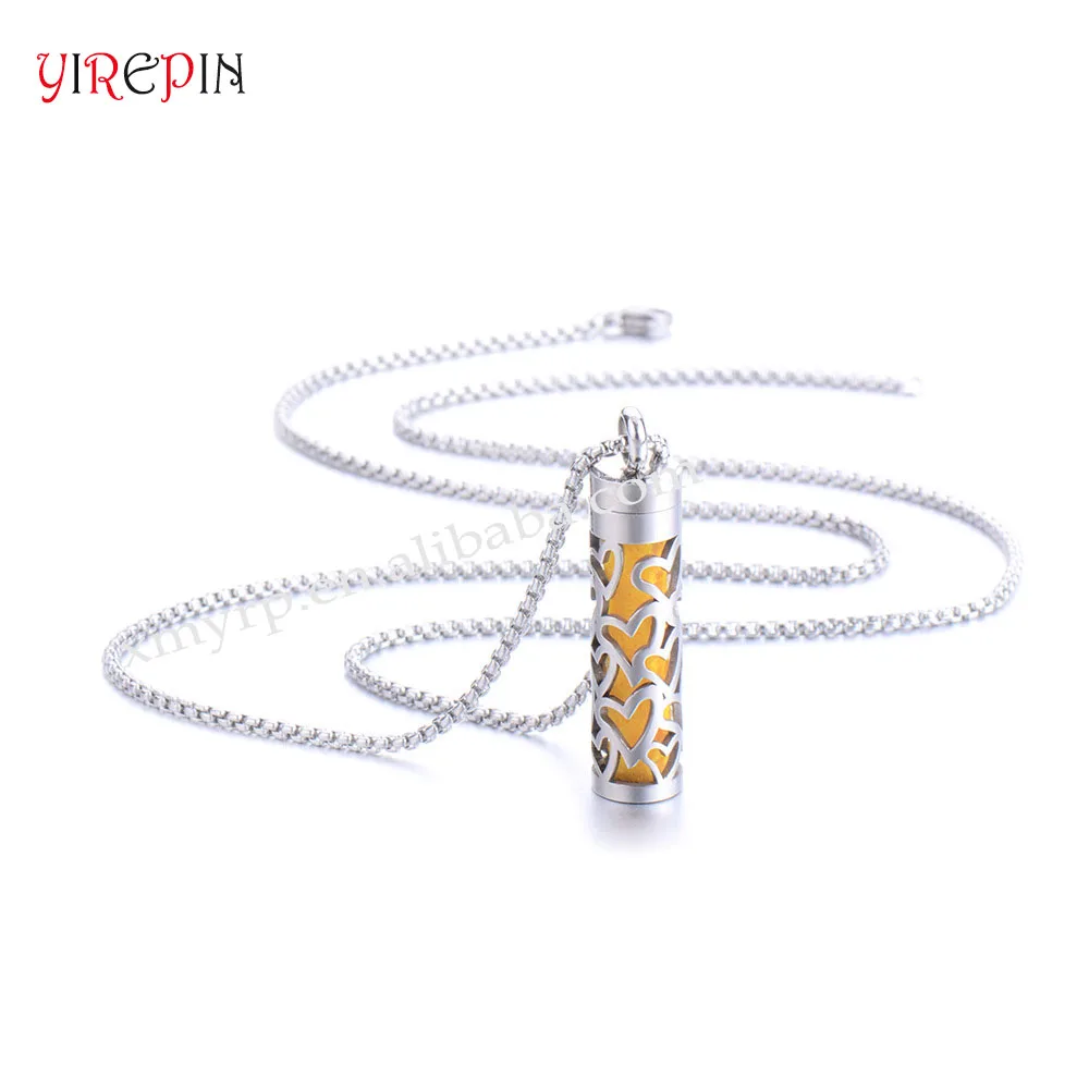 Stainless Steel Hollow Cylinder Couple Necklace Gift Jewelry Aromatherapy Perfume Essential Oil Diffuser Bottle Necklace