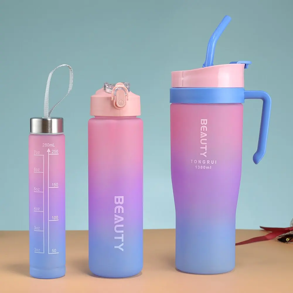 Gradient color frosted leakproof 40oz plastic tumbler with handle bpa free reusable sports plastic drinking 3 in 1 water bottle