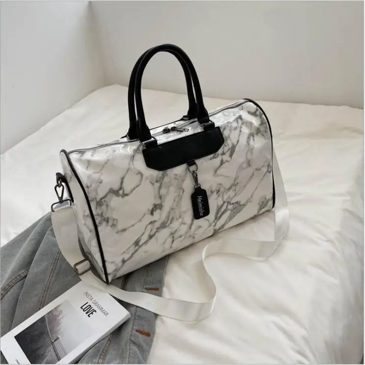 Marble pattern PU leather travel bag stylish fashion woman weekender overnight bag portable gym sports shoulder bag