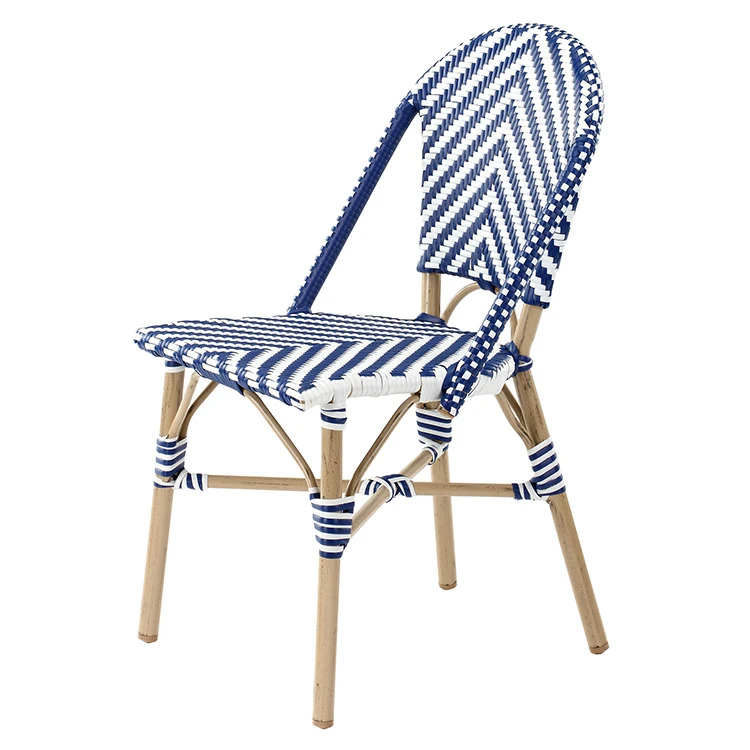 Commercial Grade Metal Frame Morden Seating Rattan Woven Dining Chair in Navy blue+white color