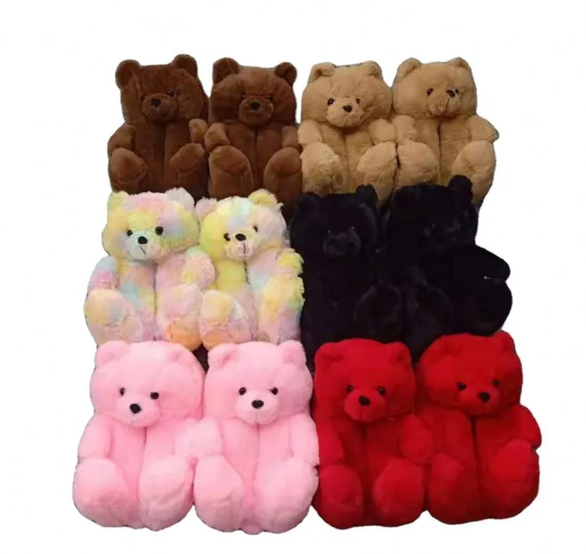  Fashion Design Winter Women Girl Fur Shoes Cute Cartoon Animal Teddy Bear Warm Slippers Bedroom Soft