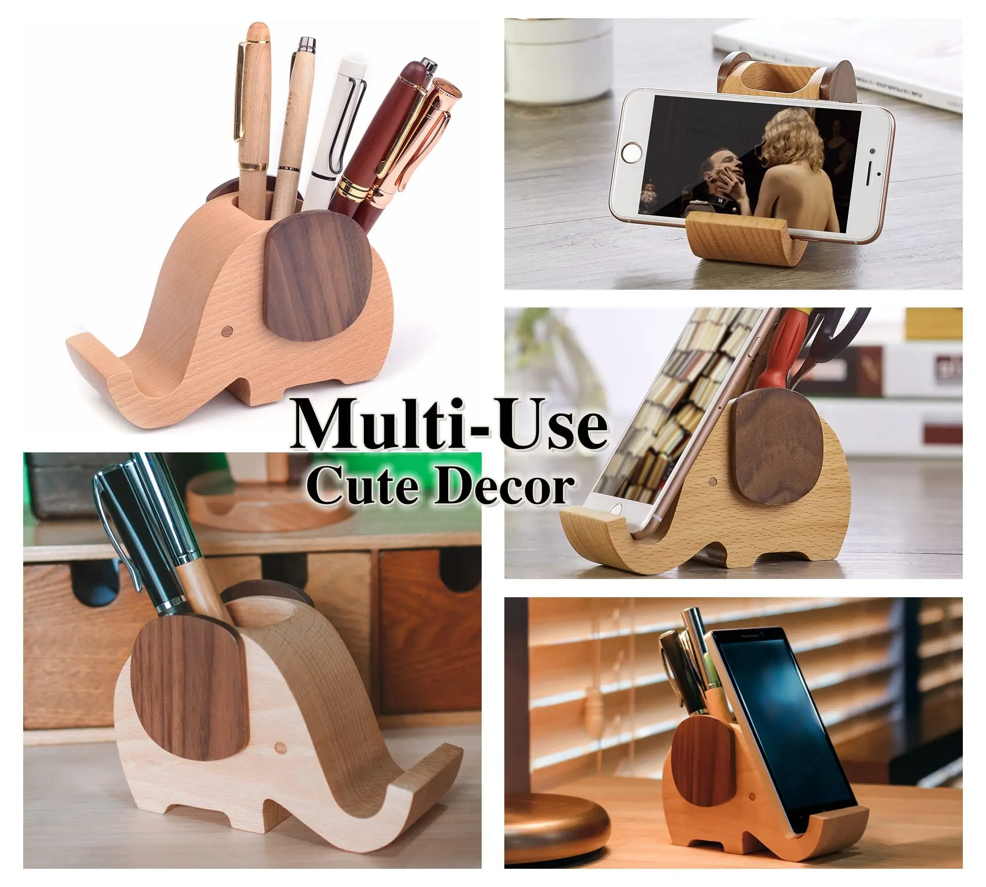 Elephant-Shaped Wooden Desk Organizer with Pen Cup and Pencil Holder Cell Phone Stand for Decorative Purpose