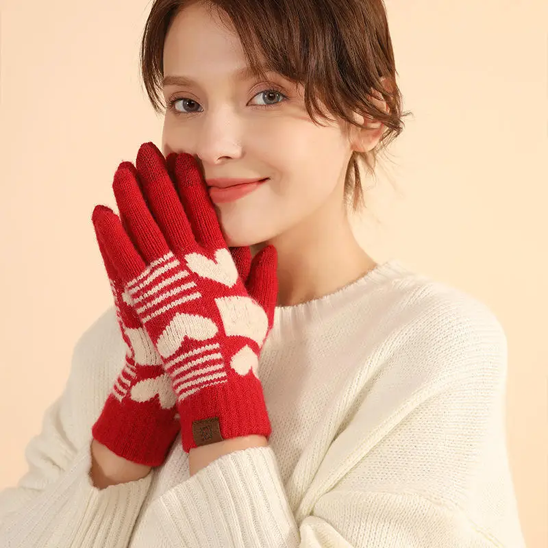 Custom Winter Fashion Thick Warm Fleece Lined Jacquard Knit Snowflakes Gloves for Christmas