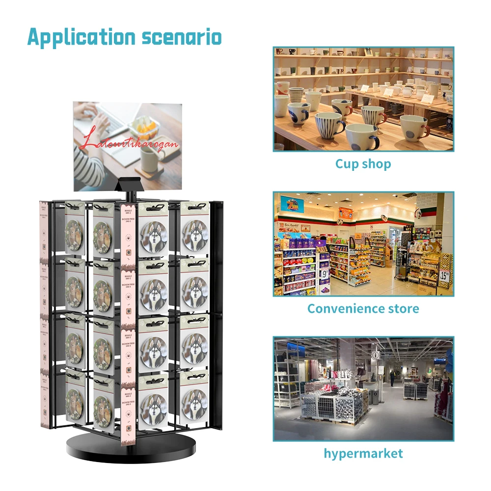 4-Sides Retail Rotating Metal Wire Car Coaster Counter Display Stand with 32 Hooks