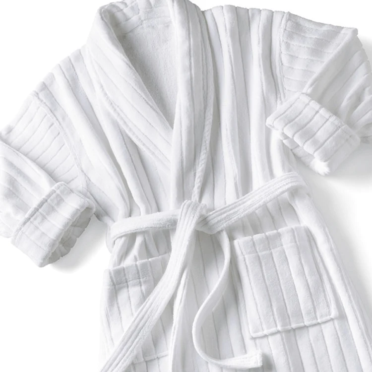 white hotel spa bath robe custom embroidery logo unisex cotton terry velour stripe bathrobes/ribbed robes