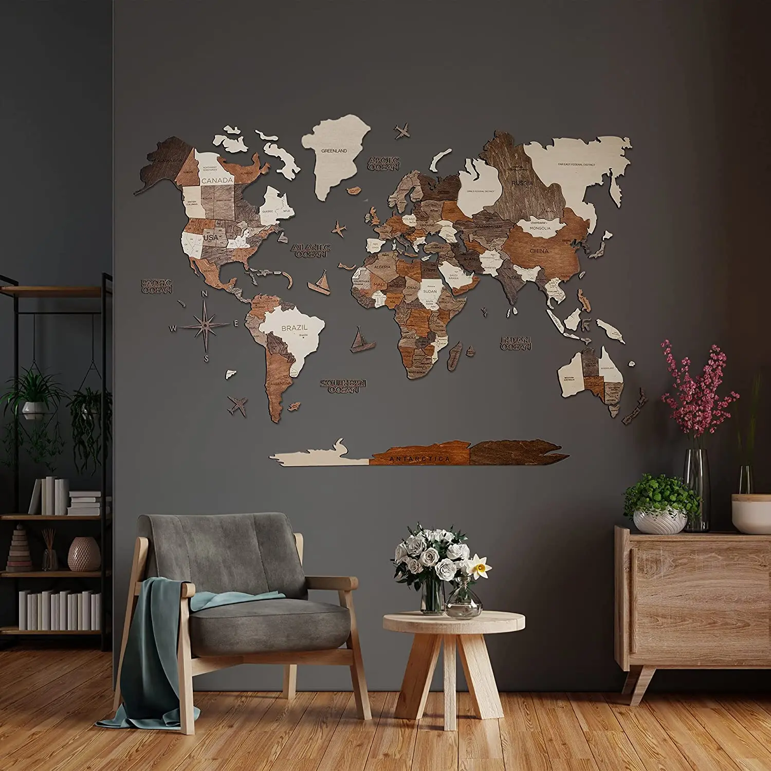 2023 New Style 3D Wood World Map With light Home decor