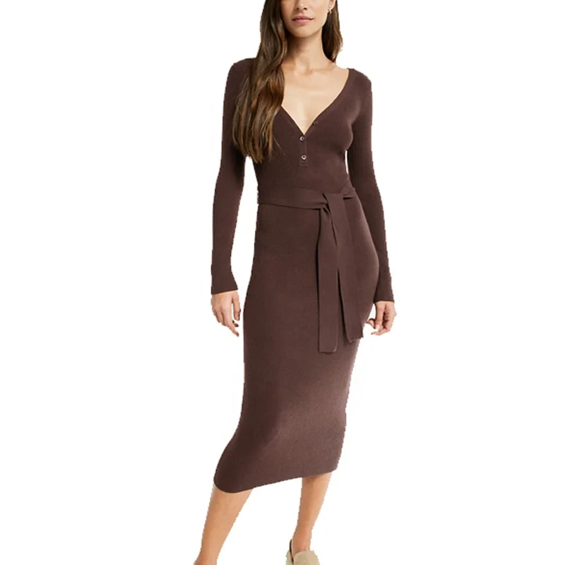 Knitwear manufacturer women casual long sleeves hollow out bodycon sexy wrap midi knitted sweater dress