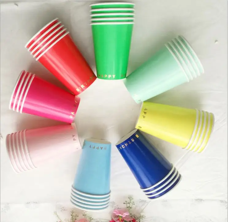 Wholesale price 9.5oz 270ml happy birthday paper cups disposable 8pcs per set