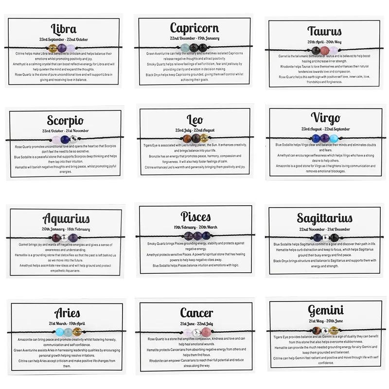 New Dainty Creative Personalized Card Packing Adjustable Spiritual Zodiac Natural Stone Bead Bracelet  Women Girls