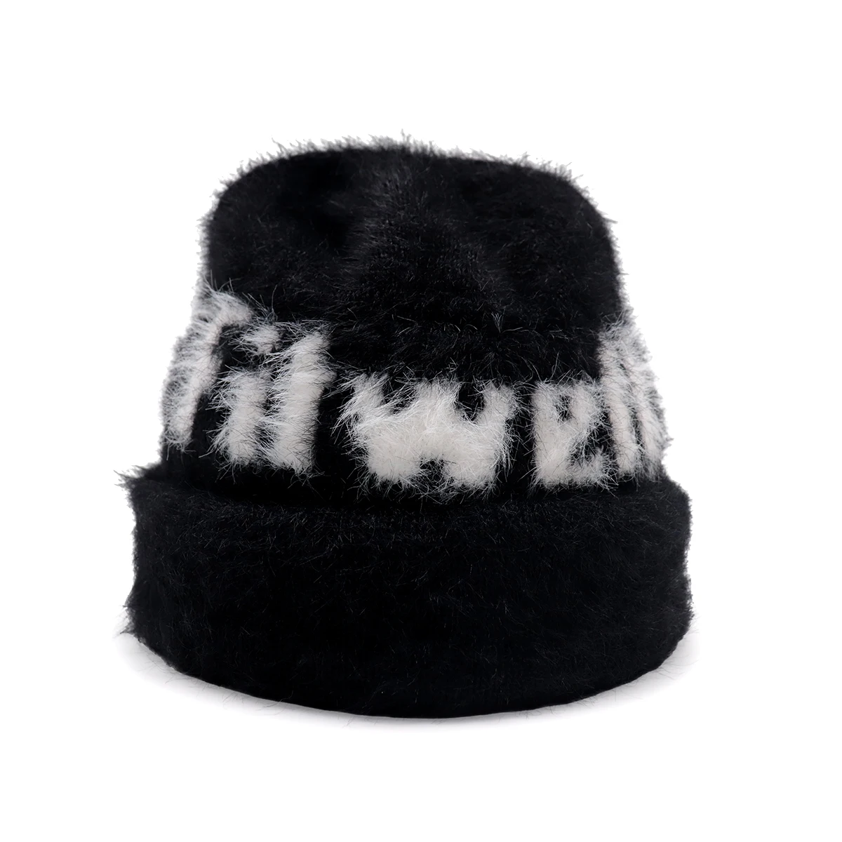 Your Own Design Pattern Jacquard Logo Knit Fuzzy Custom Faux Fur Mohair Beanie Hats Manufacturers