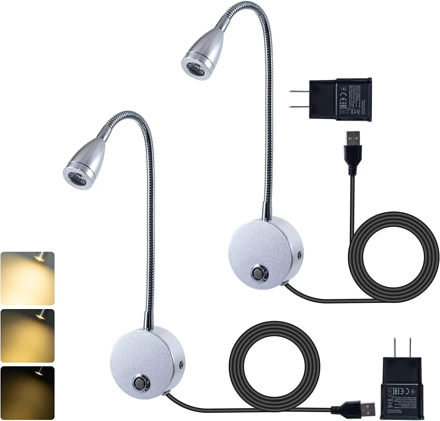 Movable golden black white bedhead hotel wall reading light with goose neck