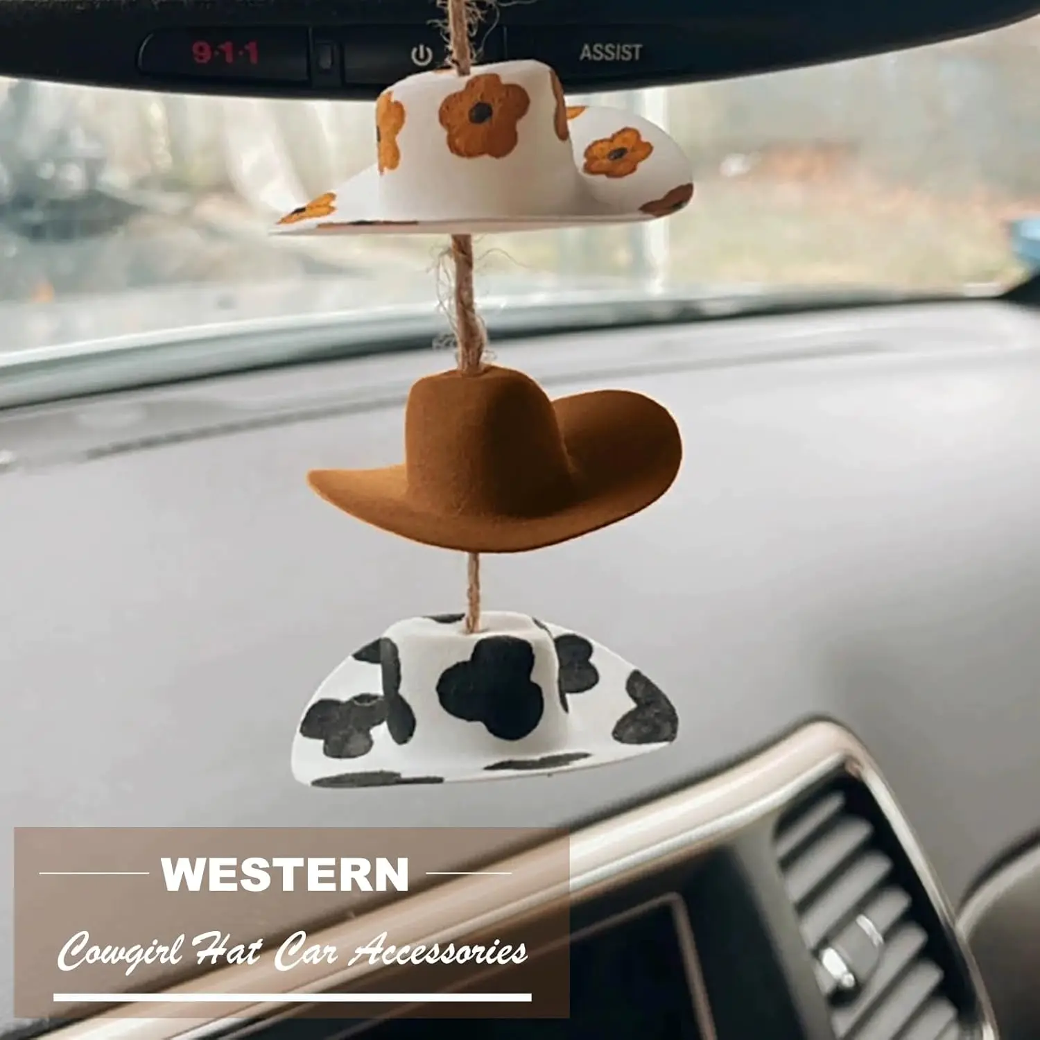Cowboy Hat Car Charm Country Rear View Mirror Hanging Accessories Sunflower Cowgirl Decor Cute Handmade Felt Ornament Pendent