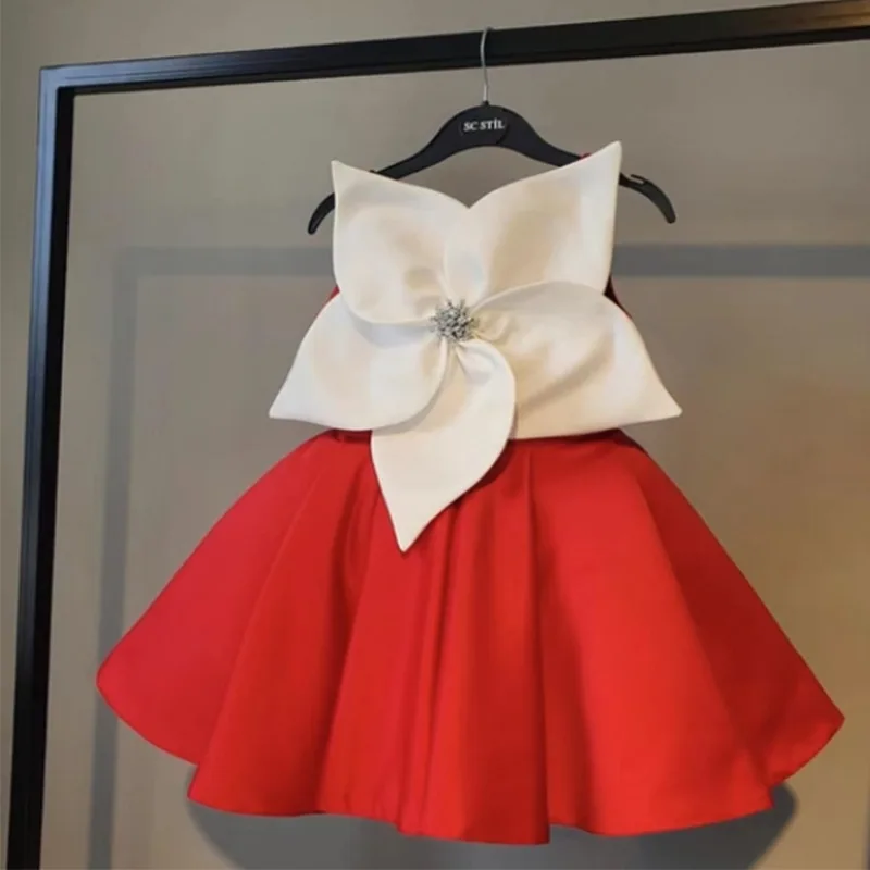 Baby Girl Princess Satin Dress Sleeveless Child Vintage Big Flower Vestido Party Pageant Birthday Wedding Baby Clothes