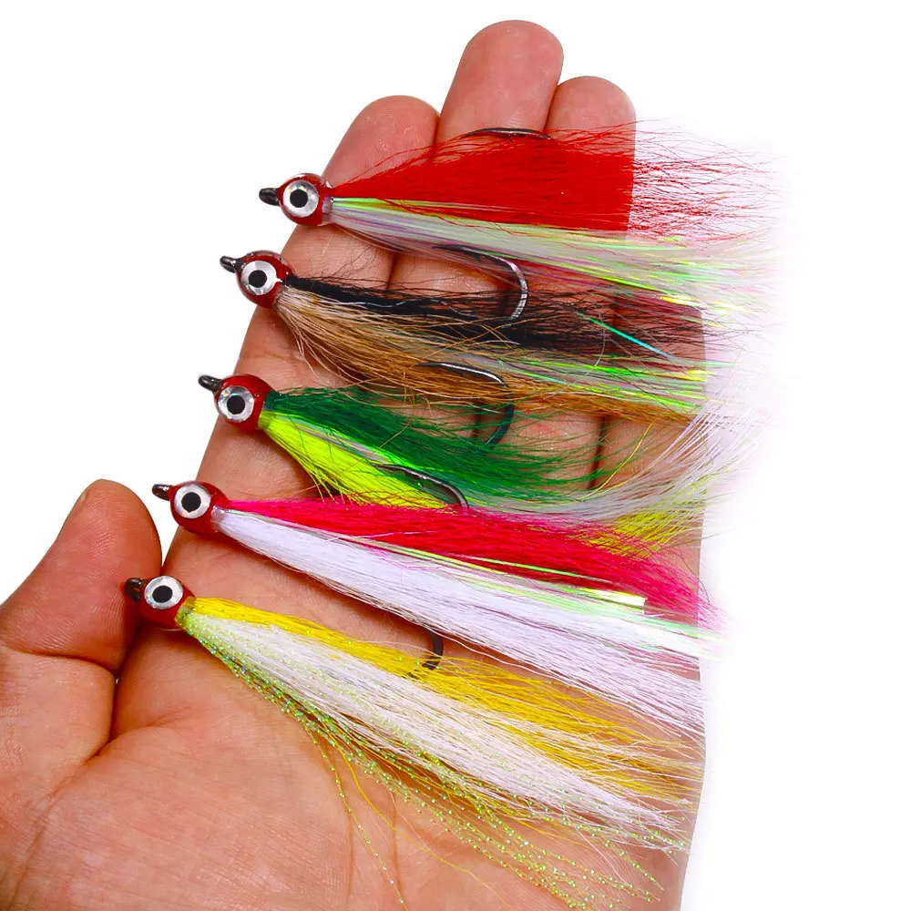Wholesale 5pcs Feather Single Hook wWith Eye Freshwater Trout bass Fishing Hooks 4/0# Jigging Lure Bait Fishing for Big Fish