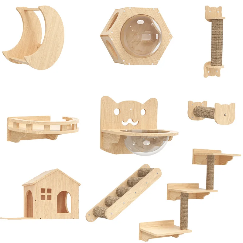 Wholesale cat tree cat springboard luxurious wood tree house natural furniture make tree wall mounted hut
