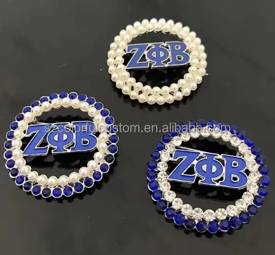 High quality 4.5x4.5cm Zinc Alloy Zeta Phi Beta  Brooch pin with Pearl