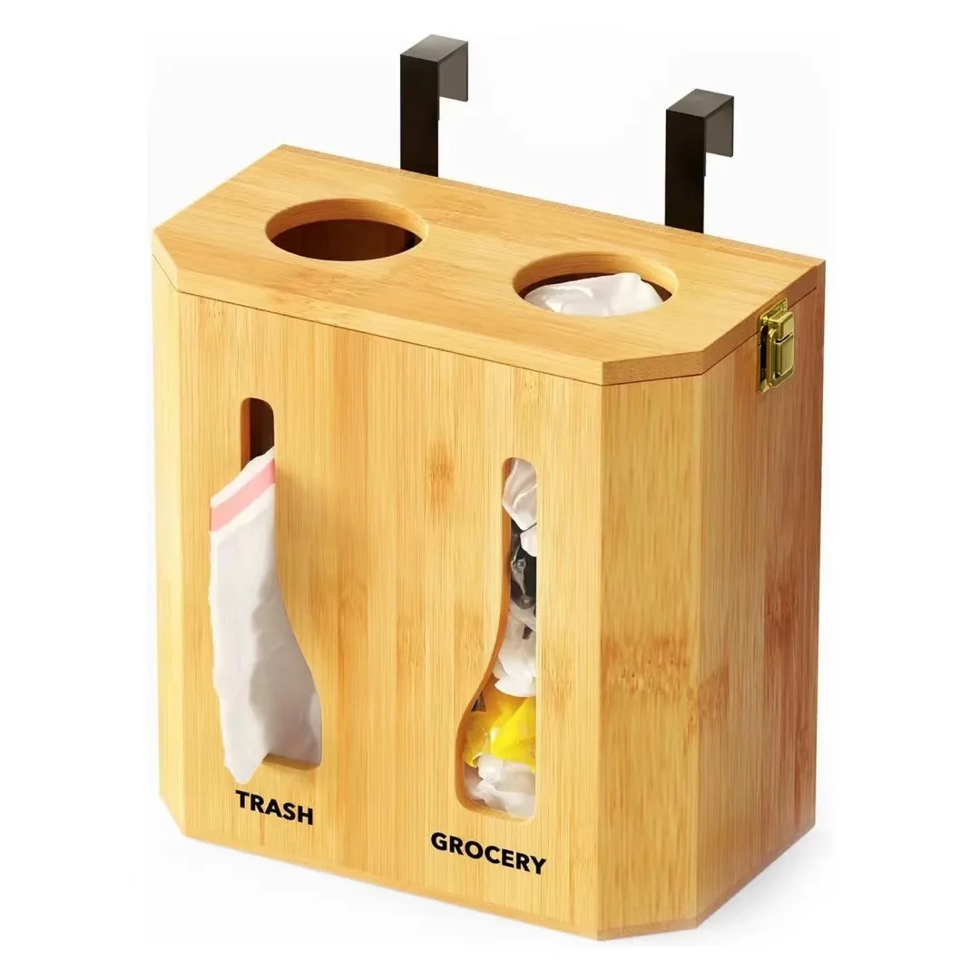 Bamboo Kitchen Under Sink Organizer Wall Mounted 2 in 1 Storage Holder Trash Bag Dispenser Plastic Garbage Bag Roll Organizer