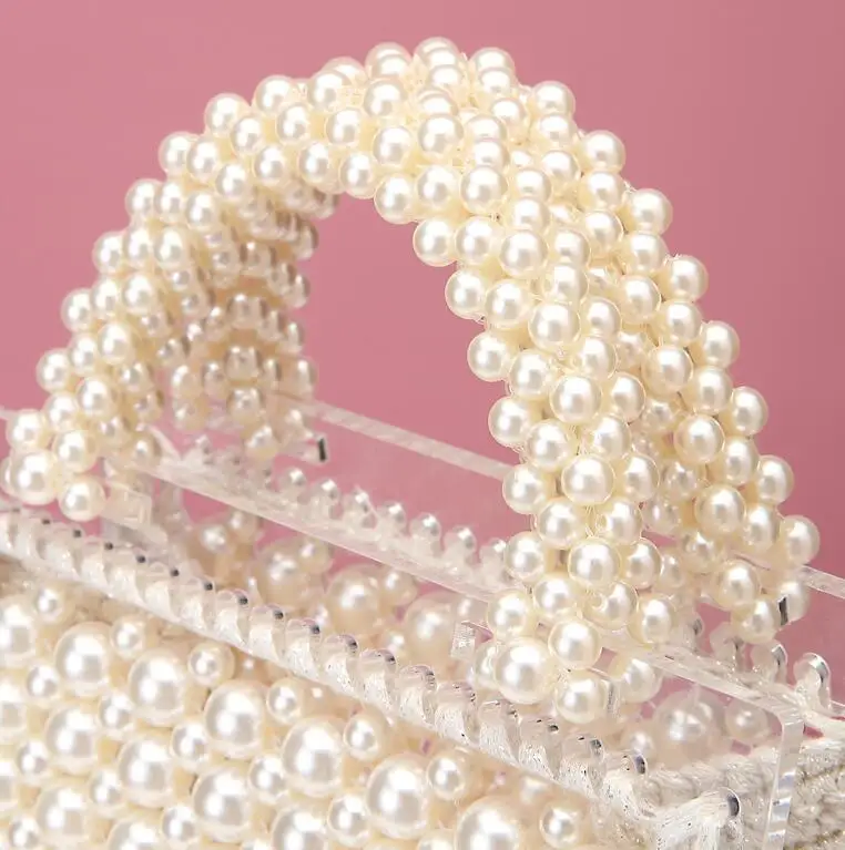 Luxury designer pearl bag clear transparent acrylic beaded box totes bag women party vintage woven handbag 2020 white pink