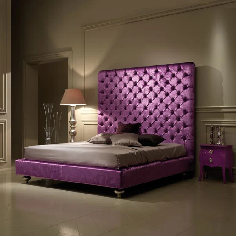 Latest design tufted royal king size purple leather upholstered wooden bed