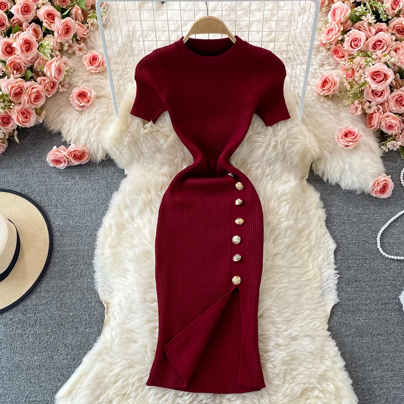 Boutique Wholesale 2023 Summer New Korean Edition Solid Round Neck Breast Fit Short Sleeve Elastic Knit Split Wrap Hip Dress