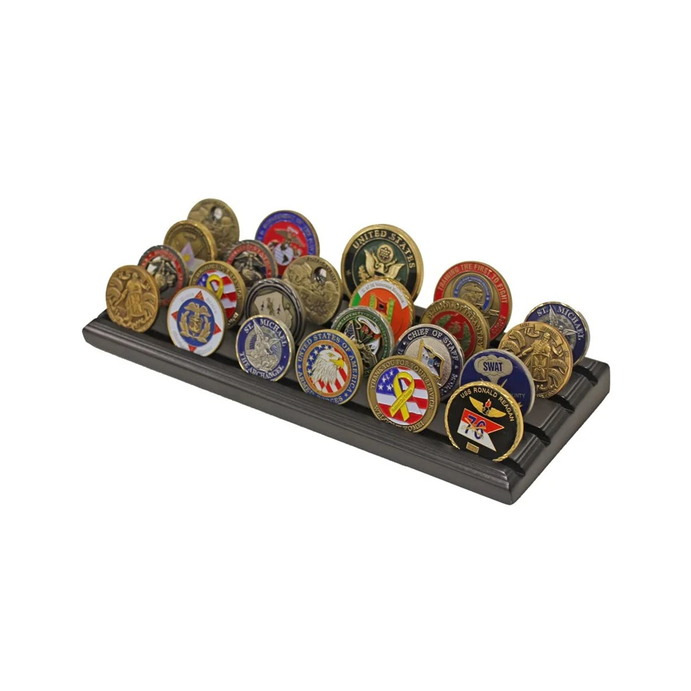 Challenge Coin Display Stand with 4 Row Wooden Holder Rack Case Holds 28 Coins Walnut Finish