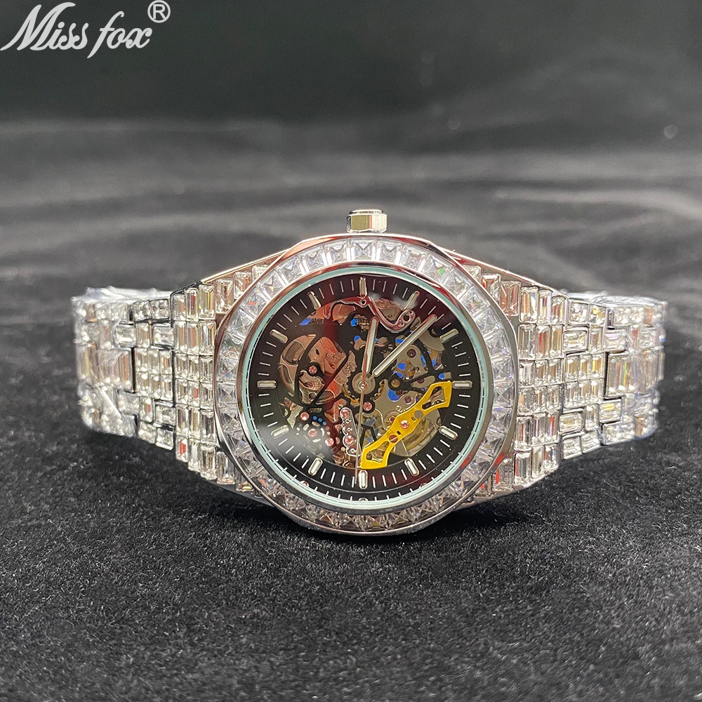 New Luxury MISS FOX Brand Gold Hollow Automatic Mechanical Watches Men Iced Out Moissanite Fashion Watch Waterproof Clock
