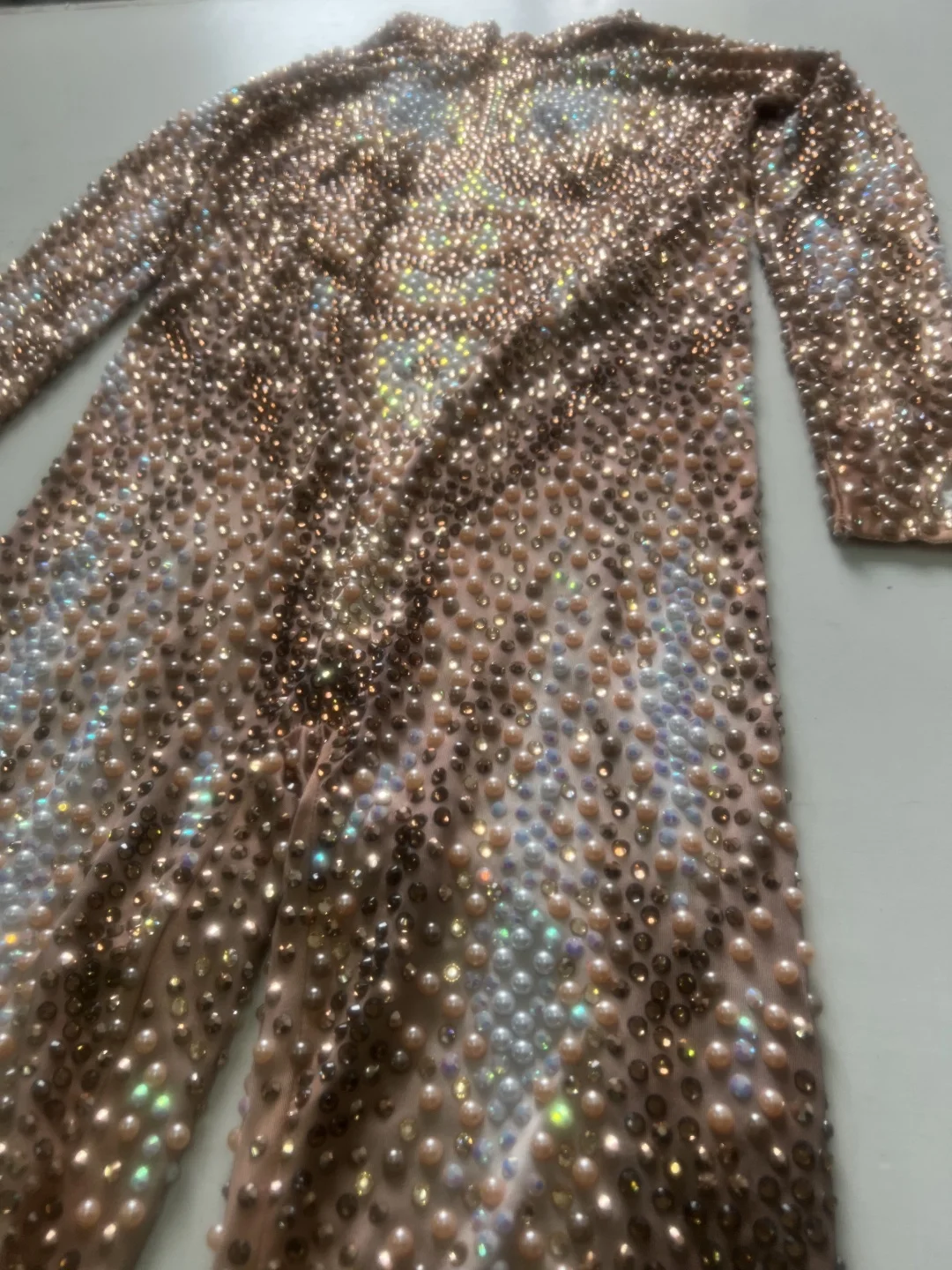 Monos Sexy Stretch Rhinestone Pearl Spandex Bodysuits Male Exotic Dancewear Stripper Outfit Club Men Stage Performance Jumpsuit