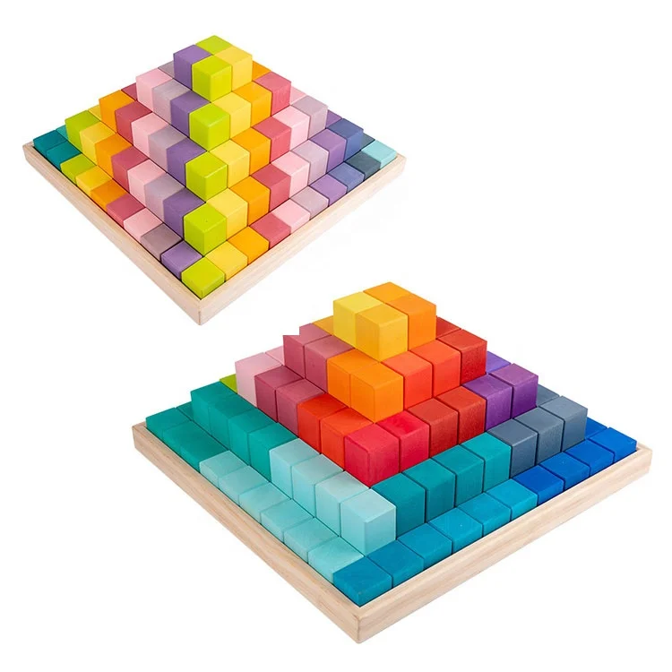 100pcs Preschool Teaching Stacking large Basswood rainbow and macaron building blocks wooden pyramid