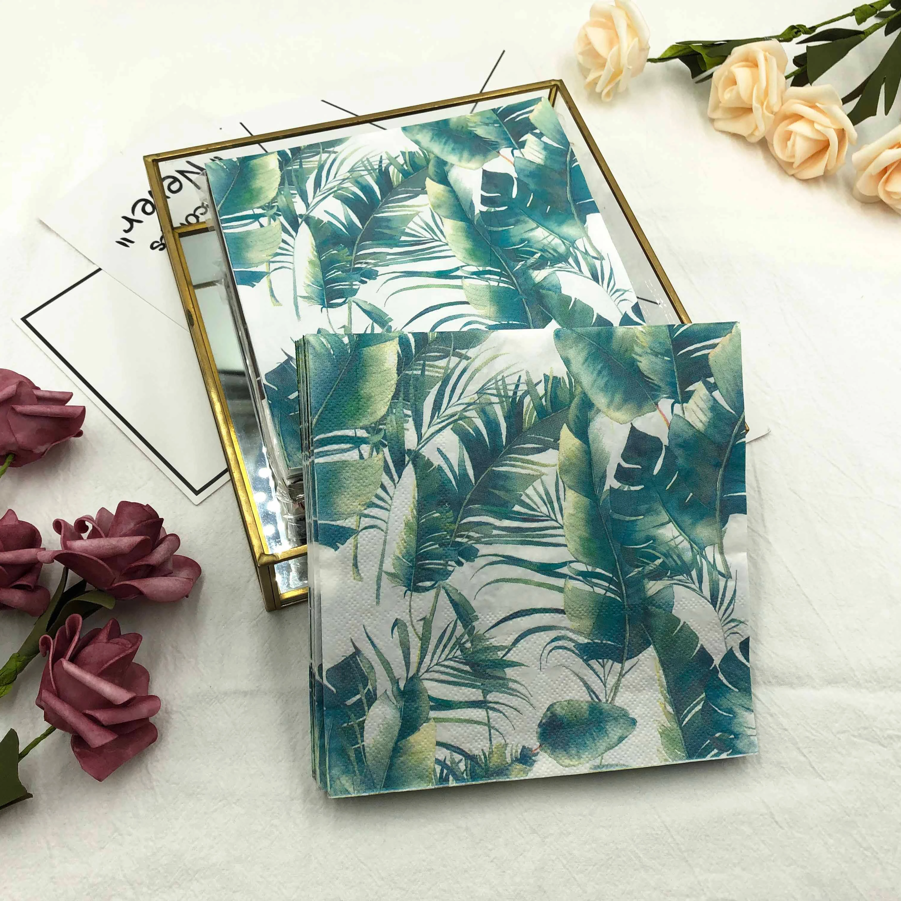 Custom Disposable Green Leaf Printed Biodegradable Paper Party Napkins Decoupage Paper Napkin