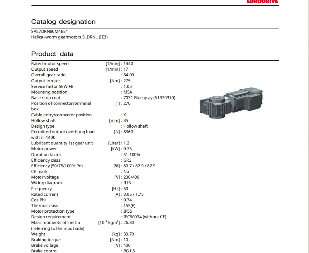 SEW SA57 DRE80M4BE1 upgrade to SA57 DRN80M4BE  speed control motor 750W 230/400V