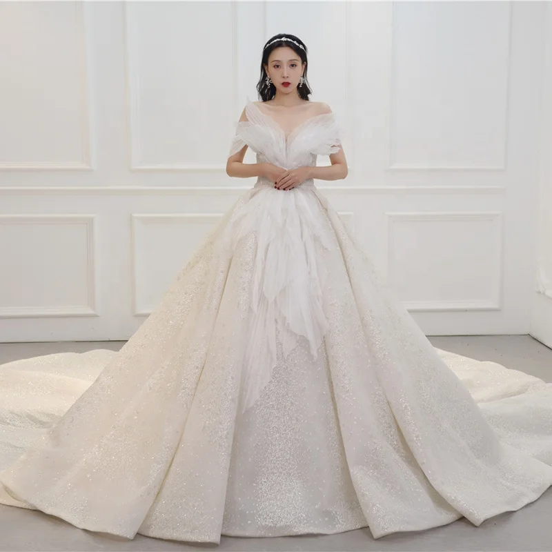 Ruolai PWD-H1224 Luxury Plus Size Wedding Dresses for Bride off Shoulder With Beads Ball Gown Wedding Dress