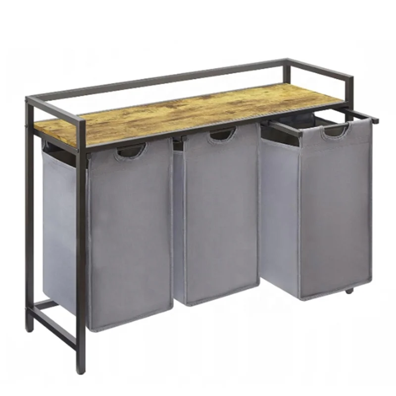 Large capacity 3 compartments rustic dirty clothes storage wood laundry hamper basket with drawer