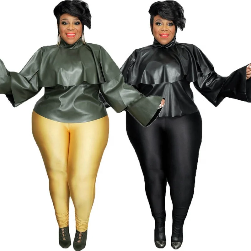 Large size leather jacket wholesale zipper leather jackets for ladies flared sleeves pu top green leather shirts for women 5XL