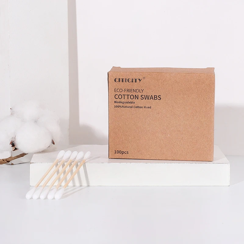 Custom Made 100PCS 100% eco friendly  bamboo Stick Cotton Swabs Double Round Head