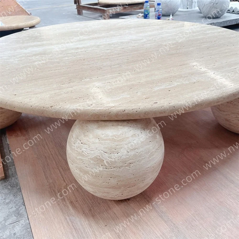 NANWEI Manufacturer Vintage Stone Tea Table 3 Legs Cream Travertine Center Garden Round Marble Coffee Table