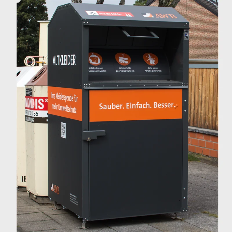 custom design outdoor galvanized steel security clothes donation drop bin outside donation box metal used clothing recycling bin