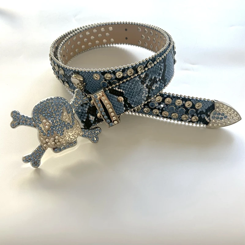 2023 NEW design metal skull and rhinestone belt western cowboy fashionable belt with crystal