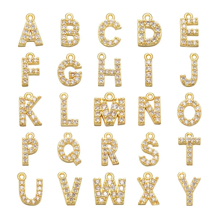 CZ7986 Tiny Dainty Mini 18k Gold CZ Initial Charms,Clear CZ Pave Gold Uppercase Initial Charms 26 Letter Alphabet Pendant Charms