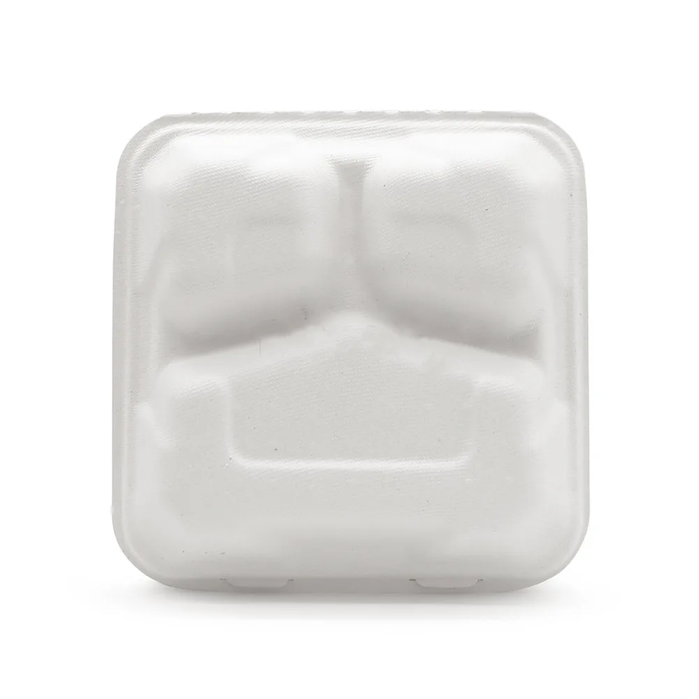 Sugarcane Bagasse Food Container 9 Inch Clamshell Food Box 3 comparts