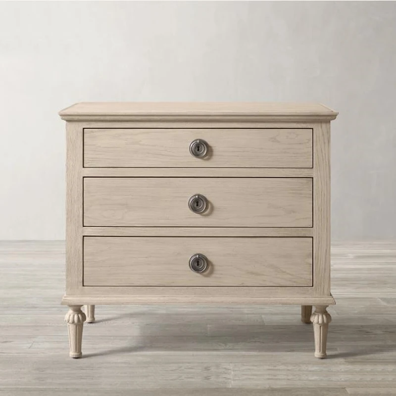 RH American solid wood nightstand vintage carved drawer locker Bedroom oak bedside cabinet three draw storage cabinet custom