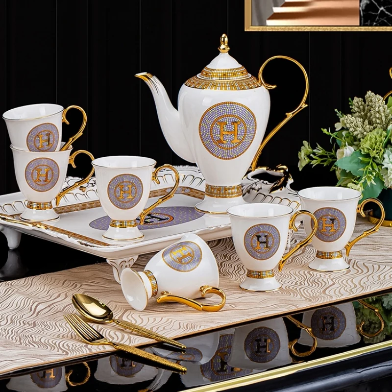 Luxury European Afternoon 8pcs Gold Rim Porcelain Tea Cup Teapot Set with Tray Vintage Ceramic Coffee Pot and Cups Saucers Set